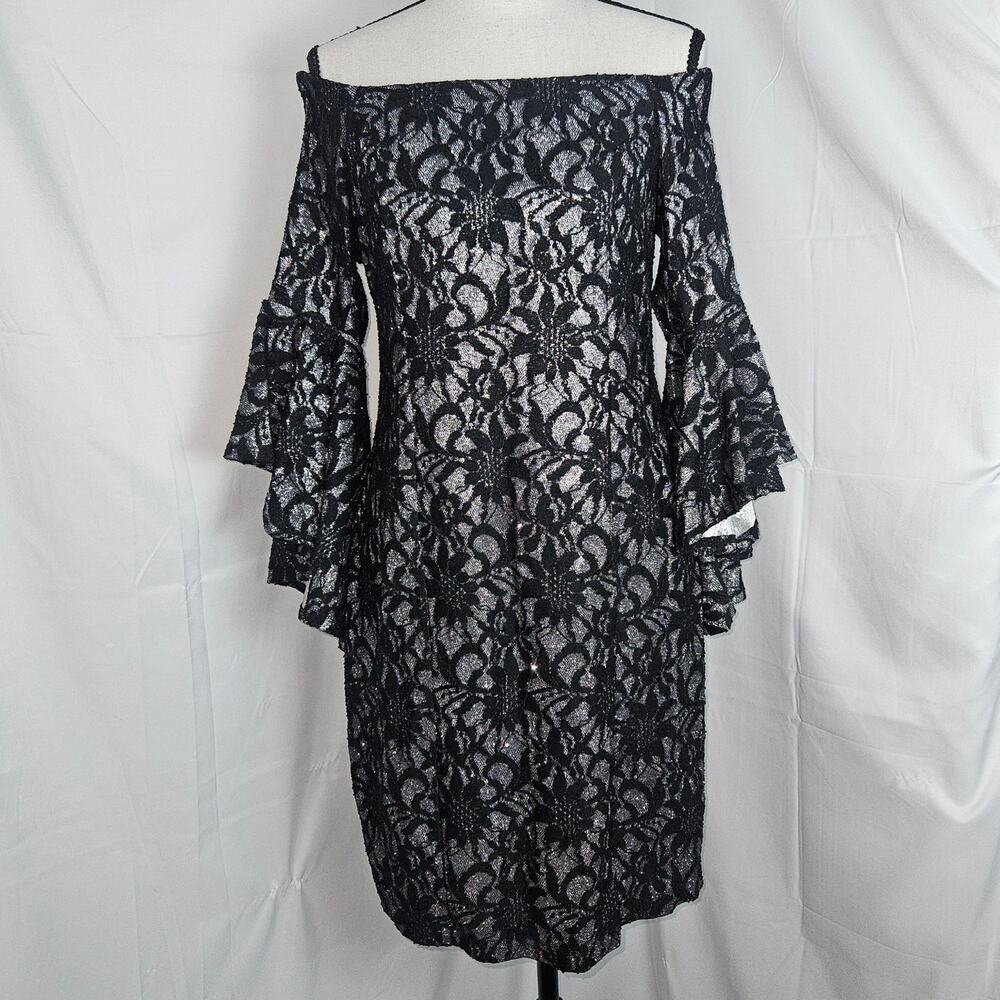 Bailey Blue Dress Women Large Black Silver Lace Sparkle Off Shoulder Bell Sleeve